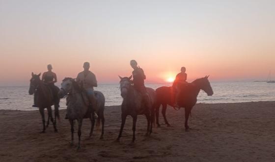 Cavalieri al tramonto sulla spiaggia, con il mare sullo sfondo.