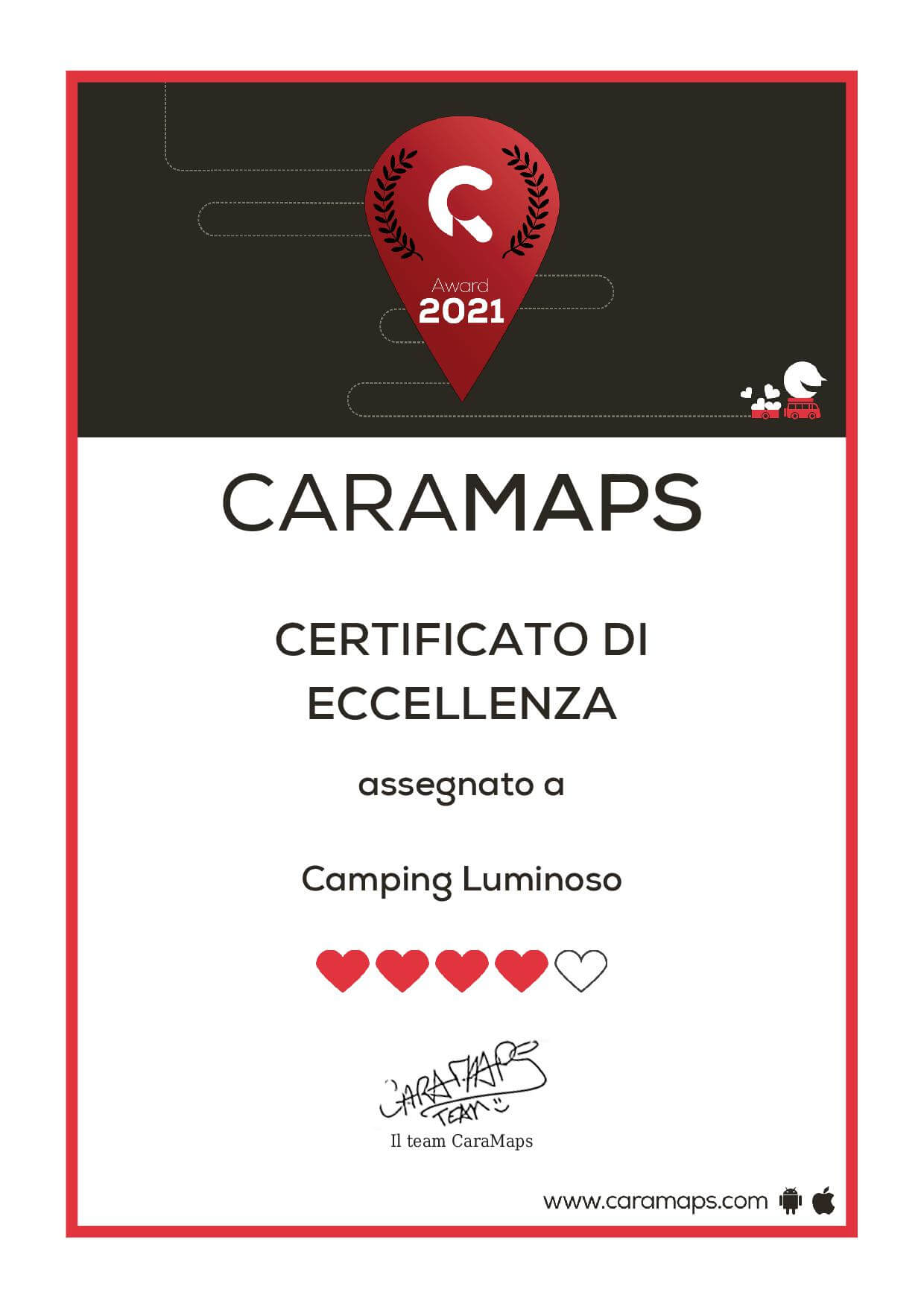 Certificato di eccellenza 2021 assegnato a Camping Luminoso.