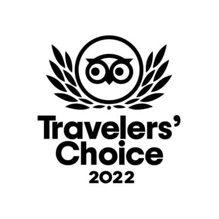 Logo Travelers' Choice 2022 con gufo e foglie stilizzate.